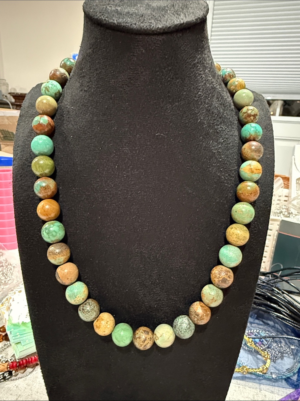 Genuine Turquoise Round Bead Necklace 18” 925 Sterling Silver Clasp